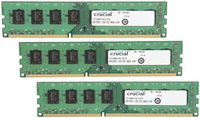 Main image of Crucial 12GB (3 x 4GB) DDR3 1333 (PC3 10600) Desktop Memory Model CT3KIT51264BA1339