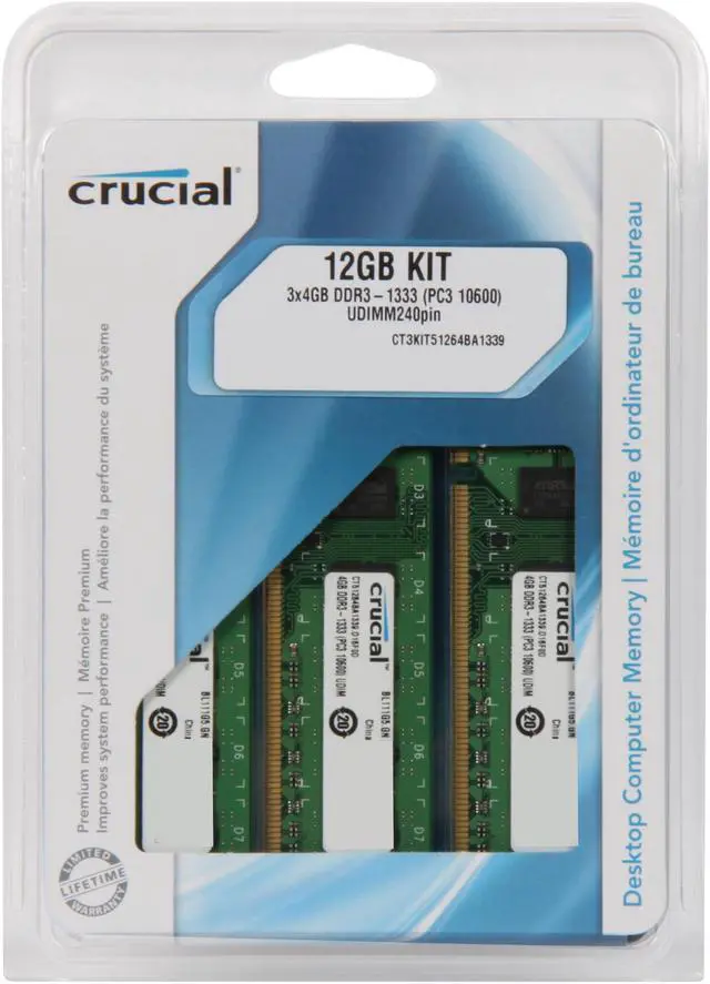 Alt view image 3 of 3 - Crucial 12GB (3 x 4GB) DDR3 1333 (PC3 10600) Desktop Memory Model CT3KIT51264BA1339
