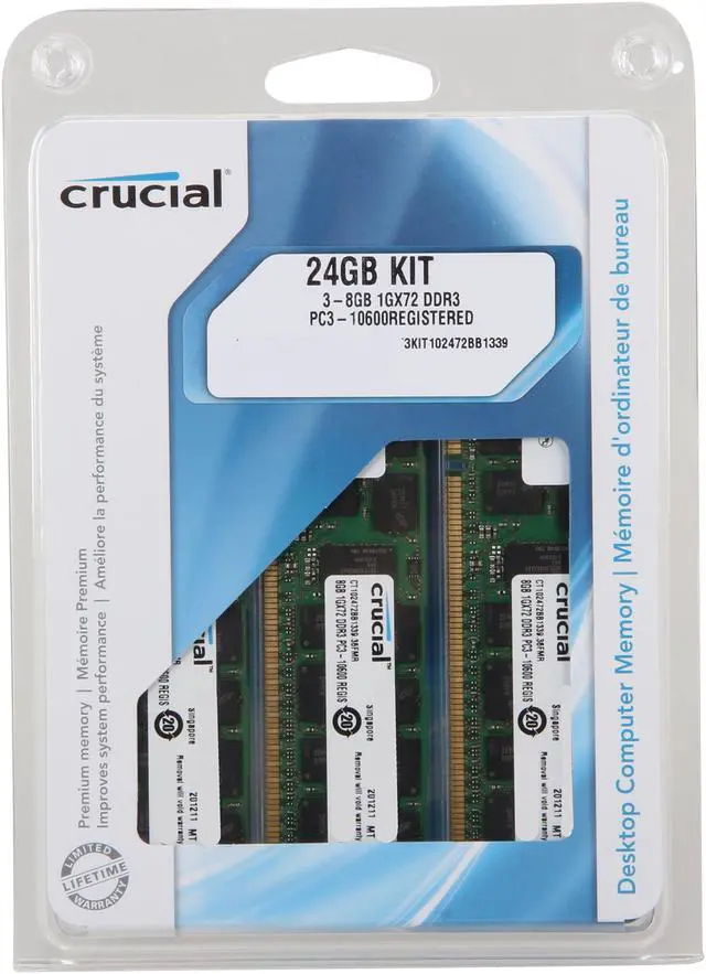 Alt view image 3 of 3 - Crucial 24GB (3 x 8GB) ECC Registered DDR3 1333 (PC3 10600) Server Memory Model CT3KIT102472BB1339
