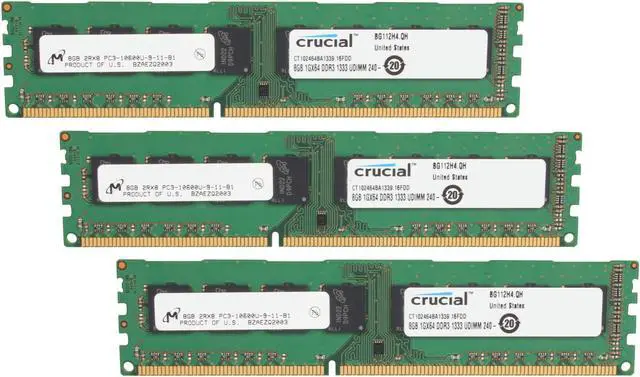 Main image of Crucial 24GB (3 x 8GB) DDR3 1333 (PC3 10600) Desktop Memory Model CT3KIT102464BA1339