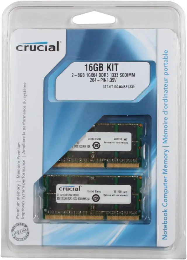 Alt view image 3 of 3 - Crucial 16GB (2 x 8GB) 204-Pin DDR3 SO-DIMM DDR3L 1333 (PC3L 10600) Laptop Memory Model CT2KIT102464BF1339