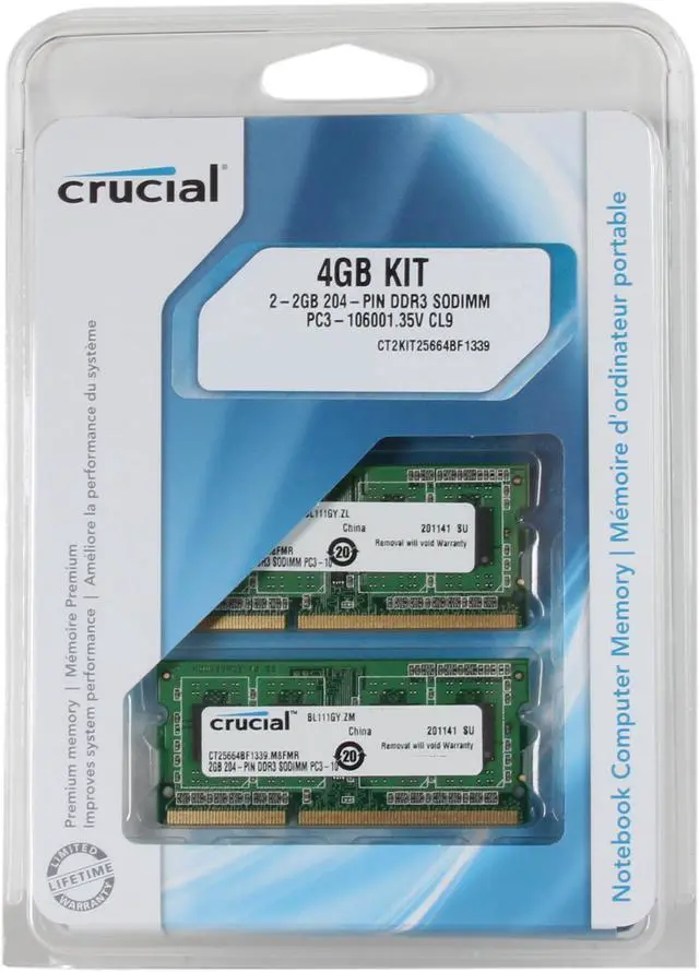 Alt view image 3 of 3 - Crucial 4GB (2 x 2GB) 204-Pin DDR3 SO-DIMM DDR3L 1333 (PC3L 10600) Laptop Memory Model CT2KIT25664BF1339