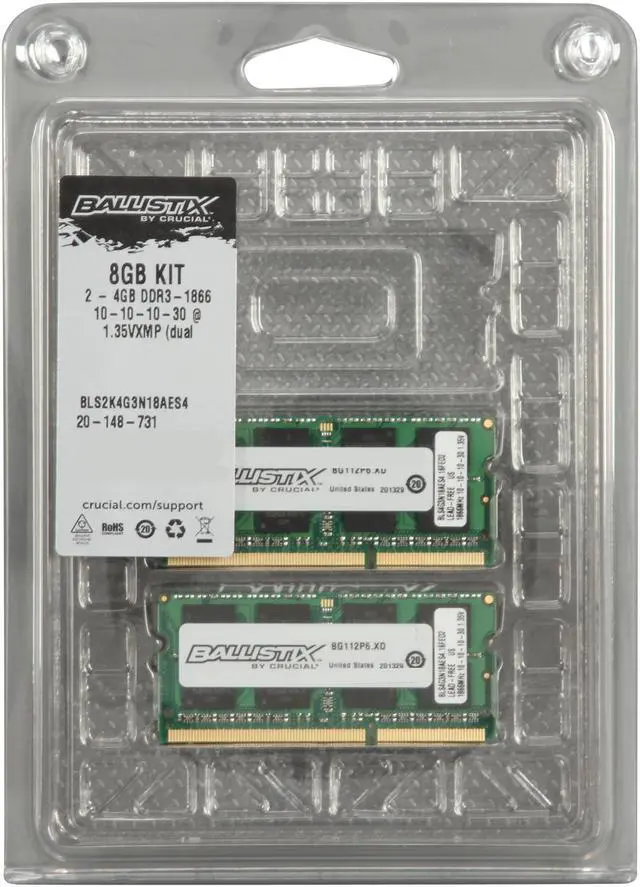 Alt view image 3 of 3 - Ballistix Sport SODIMM 8GB (2 x 4GB) 204-Pin DDR3 SO-DIMM DDR3 1866 (PC3 14900) Laptop Memory Model BLS2K4G3N18AES4