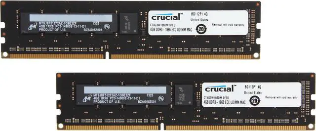 Main image of Crucial 8GB (2 x 4GB) DDR3 1866 (PC3 14900) ECC Unbuffered Memory For Mac Pro Systems Model CT2K4G3W186DM