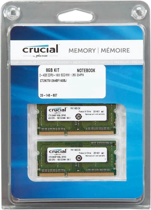Alt view image 4 of 4 - Crucial 8GB (2 x 4GB) 204-Pin DDR3 SO-DIMM DDR3L 1600 (PC3L 12800) Laptop Memory Model CT2KIT51264BF160BJ