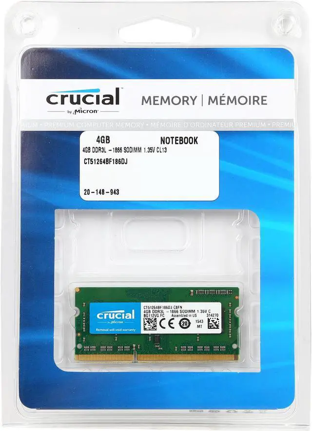 Alt view image 3 of 3 - Crucial 4GB 204-Pin DDR3 SO-DIMM DDR3L 1866 (PC3L 14900) Memory Model CT51264BF186DJ
