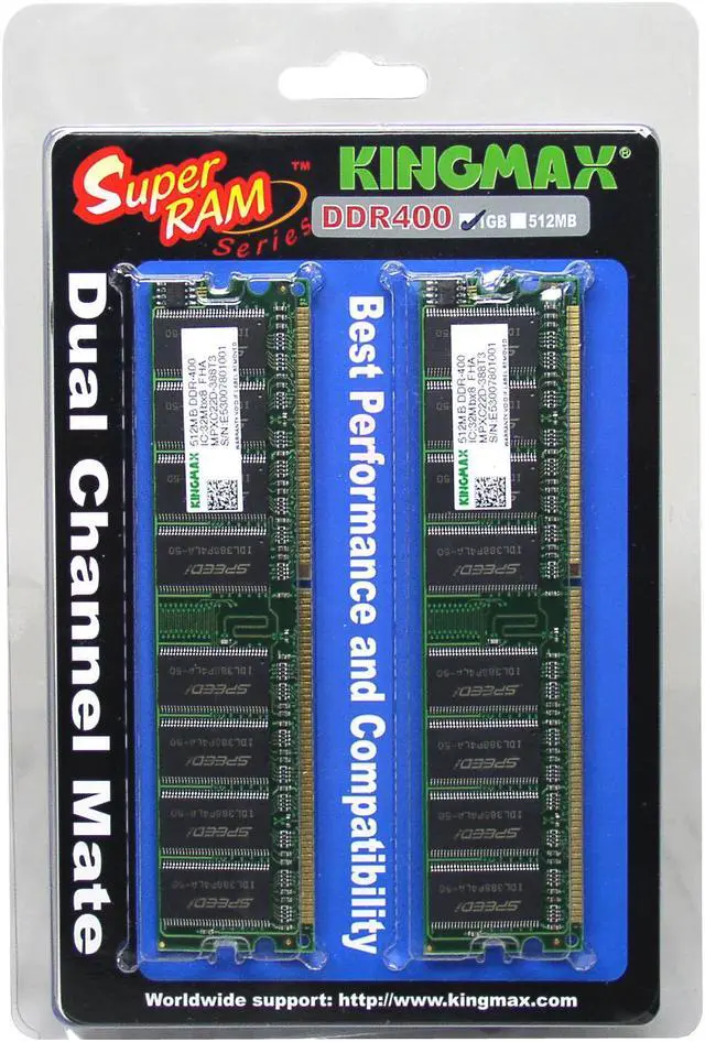 Main image of KINGMAX SuperRAM 1GB (2 x 512MB) DDR 400 (PC 3200) Dual Channel Kit Desktop Memory Model MPXD42D-2K