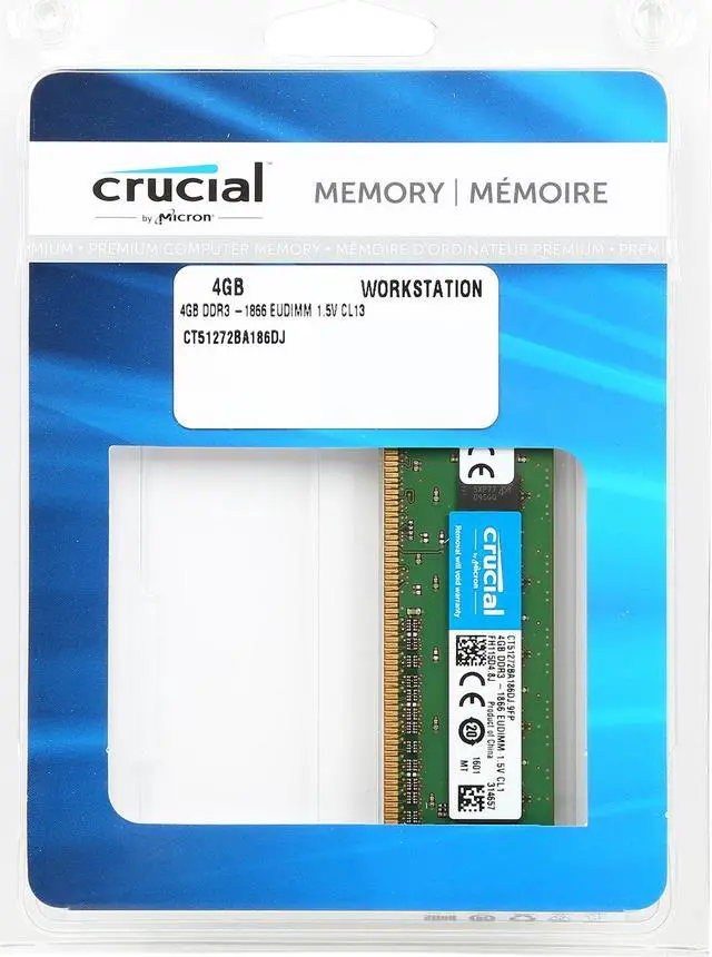 Alt view image 2 of 2 - Crucial 4GB ECC Unbuffered DDR3 1866 (PC3 14900) Server Memory Model CT51272BA186DJ