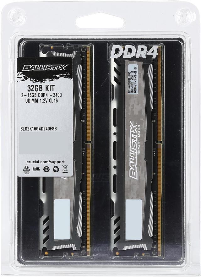 Alt view image 3 of 3 - Ballistix Sport LT 32GB Kit (16GBx2) DDR4 2400 MT/s (PC4-19200) DIMM 288-Pin - BLS2K16G4D240FSB (Gray)