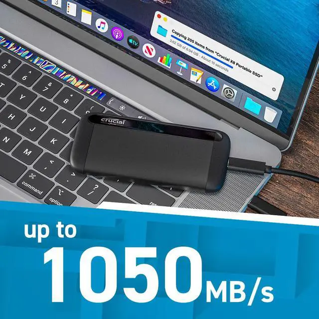 Alt view image 2 of 5 - Crucial X8 500GB Portable SSD - Up to 1050 MB/s - USB 3.2 - External Solid State Drive, USB-C, USB-A - CT500X8SSD9