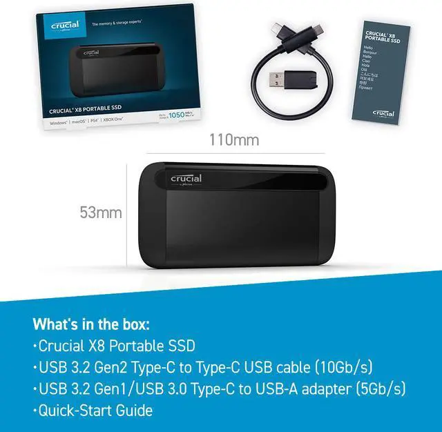 Alt view image 5 of 5 - Crucial X8 500GB Portable SSD - Up to 1050 MB/s - USB 3.2 - External Solid State Drive, USB-C, USB-A - CT500X8SSD9
