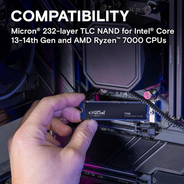 Alt view image 5 of 7 - Crucial T705 4TB PCIe Gen5 NVMe M.2 SSD - Up to 14,100 MB/s - Game Ready - Internal Solid State Drive (PC) - +1mo Adobe CC - CT4000T705SSD3