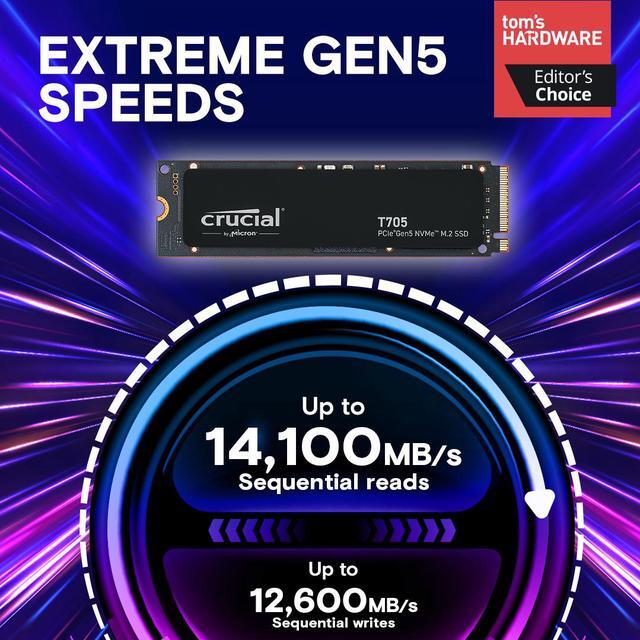 Alt view image 2 of 7 - Crucial T705 4TB PCIe Gen5 NVMe M.2 SSD - Up to 14,100 MB/s - Game Ready - Internal Solid State Drive (PC) - +1mo Adobe CC - CT4000T705SSD3