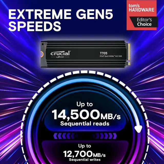 Alt view image 2 of 6 - Crucial T705 2TB PCIe Gen5 NVMe M.2 SSD with Heatsink  - Up to 14,500 MB/s - Game Ready - Internal Solid State Drive (PC) - +1mo Adobe CC - CT2000T705SSD5