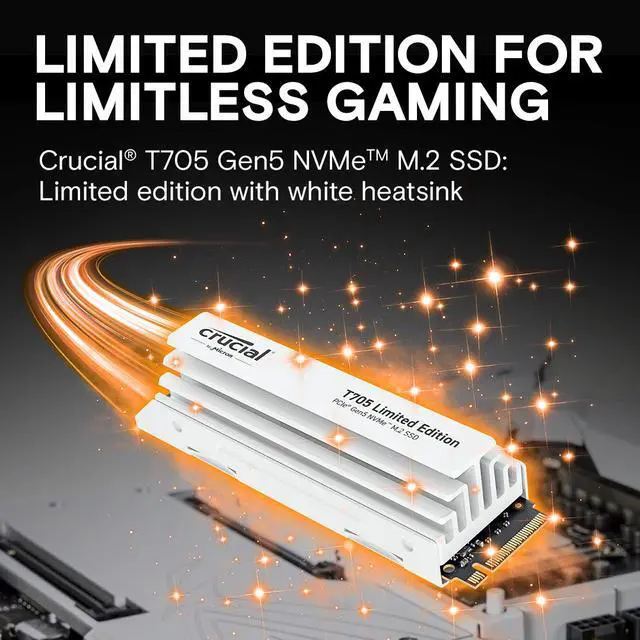 Alt view image 2 of 6 - Crucial T705 2TB PCIe Gen5 NVMe M.2 SSD with White Heatsink - Up to 14,500 MB/s - Limited Edition - Internal Solid State Drive (PC) - +1mo Adobe CC - CT2000T705SSD5A