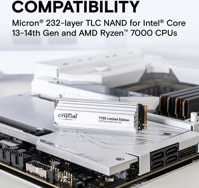 Alt view image 6 of 6 - Crucial T705 2TB PCIe Gen5 NVMe M.2 SSD with White Heatsink - Up to 14,500 MB/s - Limited Edition - Internal Solid State Drive (PC) - +1mo Adobe CC - CT2000T705SSD5A
