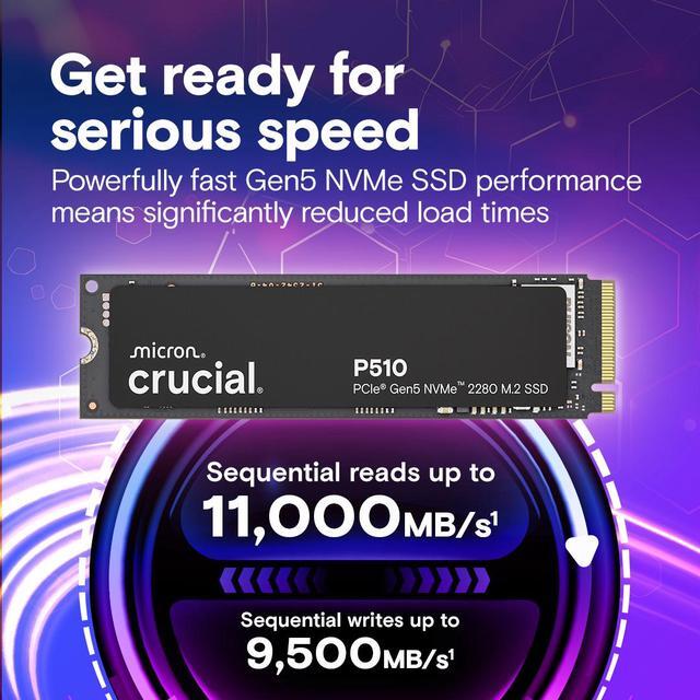 Alt view image 2 of 6 - Crucial P510 2TB Gen5 NVMe SSD, Up to 10,000 MB/s, PCIe 5.0 M.2 2280 SSD, Internal Solid State Drive, Compatible with Laptop, CT2000P510SSD8