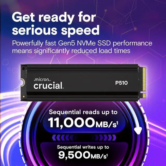 Alt view image 2 of 7 - Crucial P510 2TB Gen5 NVMe SSD with Heatsink, Up to 11,000 MB/s, PCIe 5.0 M.2 2280 SSD, Internal Solid State Drive, Compatible with PS5 CT1000P510SSD5