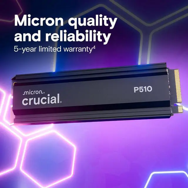 Alt view image 6 of 7 - Crucial P510 2TB Gen5 NVMe SSD with Heatsink, Up to 11,000 MB/s, PCIe 5.0 M.2 2280 SSD, Internal Solid State Drive, Compatible with PS5 CT1000P510SSD5