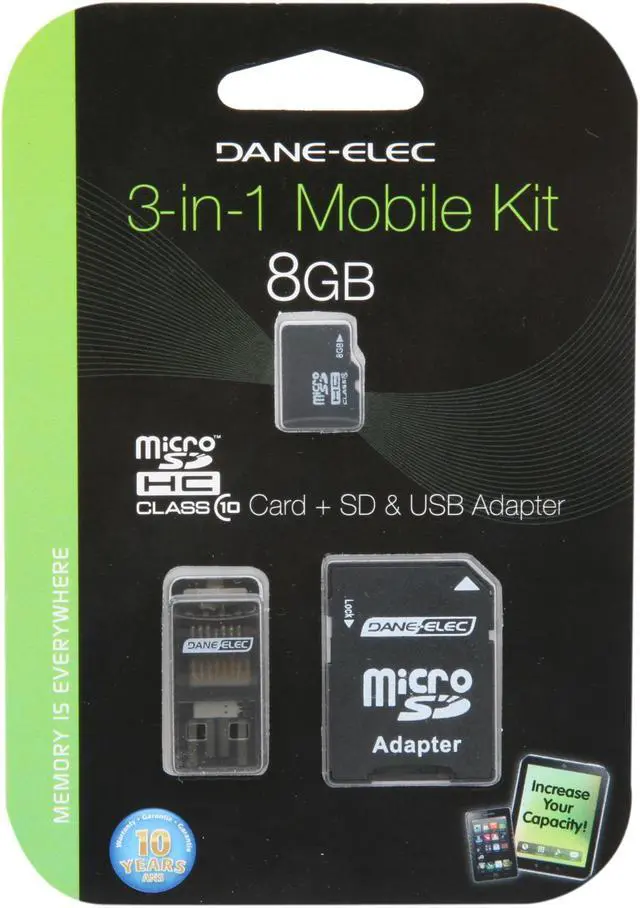 Alt view image 4 of 4 - DANE-ELEC 8GB microSDHC Flash Card Universal Connectivity Kit with SD & USB Adapter Model DA-3in1C1008G-R