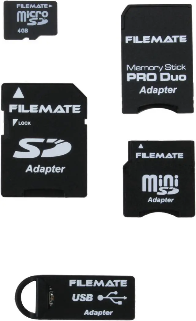 Main image of FileMate 4GB MicroSD Flash Card w/ Universal Adapter Kit (miniSD, SD, MS Pro Duo and USB) Model 33120476