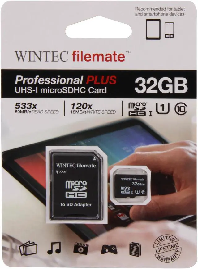 Alt view image 5 of 5 - Wintec Filemate Professional Plus 32GB microSDHC Flash Card with Adapter Model 3FMUSD32GU1PI-R