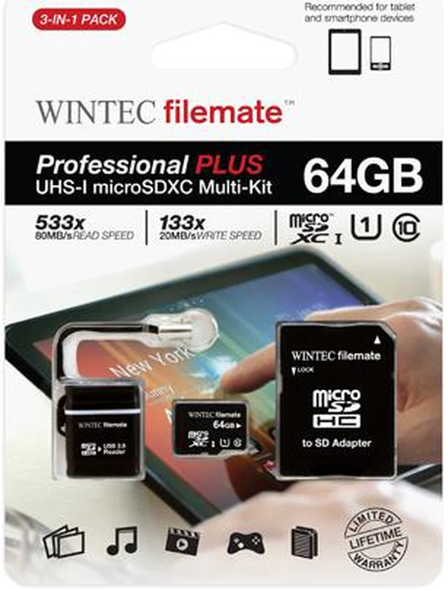 Alt view image 3 of 3 - Wintec FileMate 64GB microSDHC Professional Plus UHS-I U1 C10 Card With USB and SD Adapter Retail Black Model 3FMUSD64GU1PI-MR