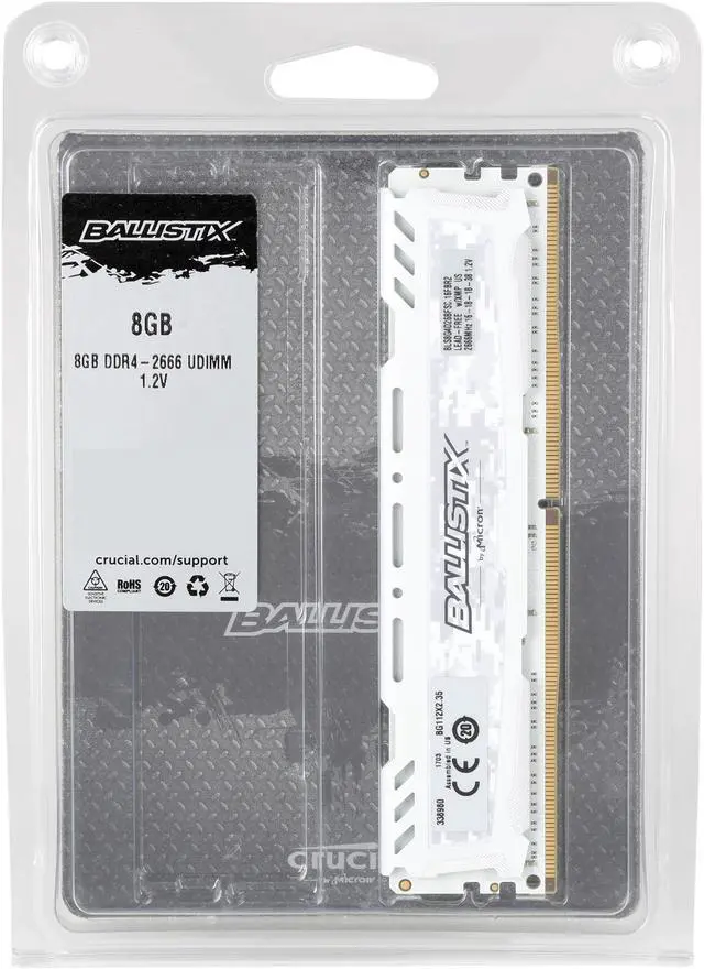 Alt view image 4 of 4 - Ballistix Sport LT 8GB Single DDR4 2666 MT/s (PC4-21300) DR x8 DIMM 288-Pin Memory - BLS8G4D26BFSC (White)