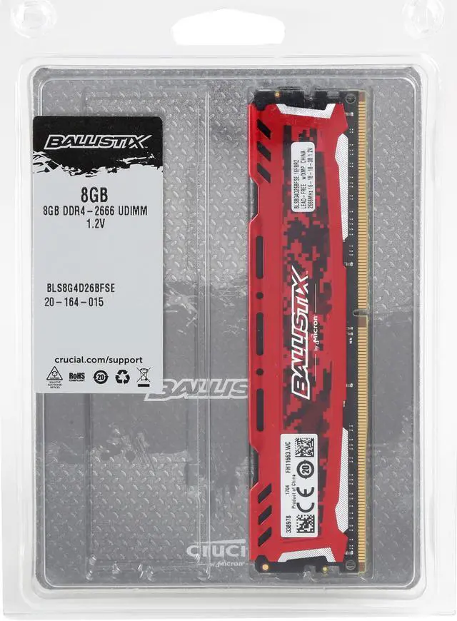 Alt view image 4 of 4 - Ballistix Sport LT 8GB Single DDR4 2666 MT/s (PC4-21300) DR x8 DIMM 288-Pin Memory - BLS8G4D26BFSE (Red)