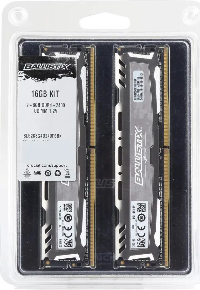 Alt view image 2 of 2 - Ballistix Sport LT 16GB Kit (8GBx2) DDR4 2400 MT/s (PC4-19200) SR x8 DIMM 288-Pin - BLS2K8G4D240FSBK (Gray)