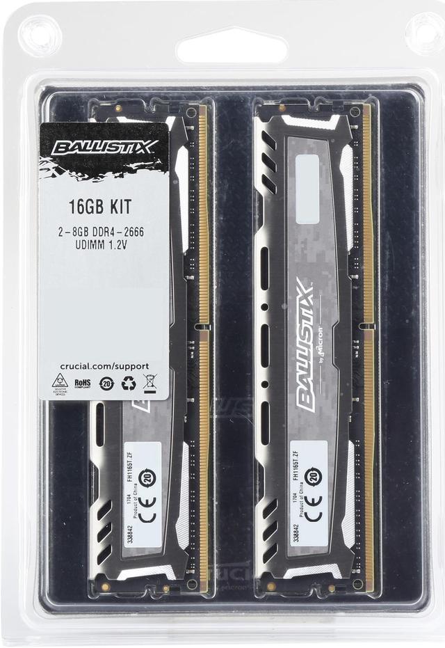 Ballistix Sport LT 16GB Kit (8GBx2) DDR4 2666 MT/s (PC4-21300) DR x8 DIMM  288-Pin - BLS2K8G4D26BFSB (Gray)