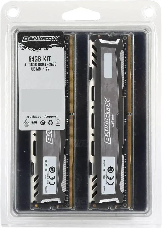 Alt view image 2 of 2 - Ballistix Sport LT 64GB Kit (16GBx4) DDR4 2666 MT/s (PC4-21300) DR x8 DIMM 288-Pin - BLS4K16G4D26BFSB (Gray)