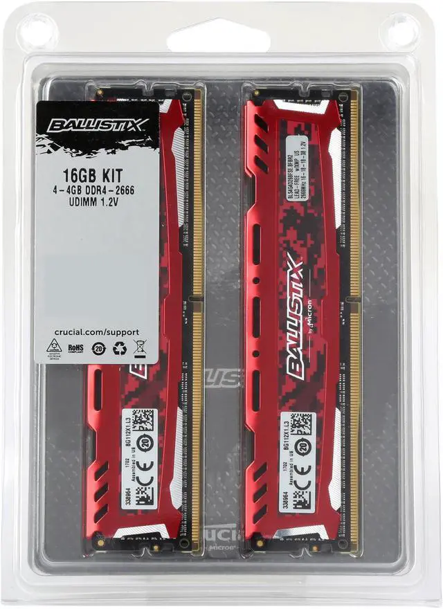 Alt view image 2 of 2 - Ballistix Sport LT 16GB Kit (4GBx4) DDR4 2666 MT/s (PC4-21300) SR x8 DIMM 288-Pin - BLS4K4G4D26BFSE (Red)