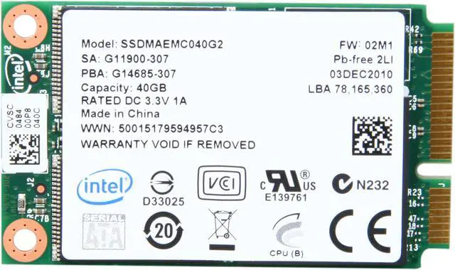 Alt view image 2 of 5 - Intel 310 Series SSDMAEMC040G2C1 mSATA 40GB mSATA (mini PCIe form factor) MLC Enterprise Solid State Disk - OEM