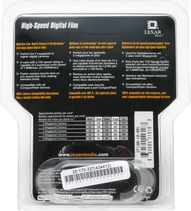 Alt view image 2 of 2 - Lexar 1GB Compact Flash (CF) Flash Media Model CF1GB-12-251