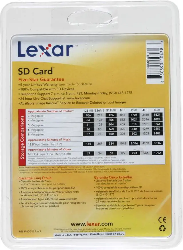 Alt view image 3 of 3 - Lexar 512MB Secure Digital (SD) Flash Card Model SD512-231