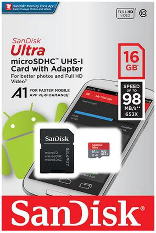 Alt view image 2 of 2 - SanDisk 16GB Ultra microSDHC A1 UHS-I/U1 Class 10 Memory Card with Adapter, Speed Up to 98MB/s (SDSQUAR-016G-GN6MA)
