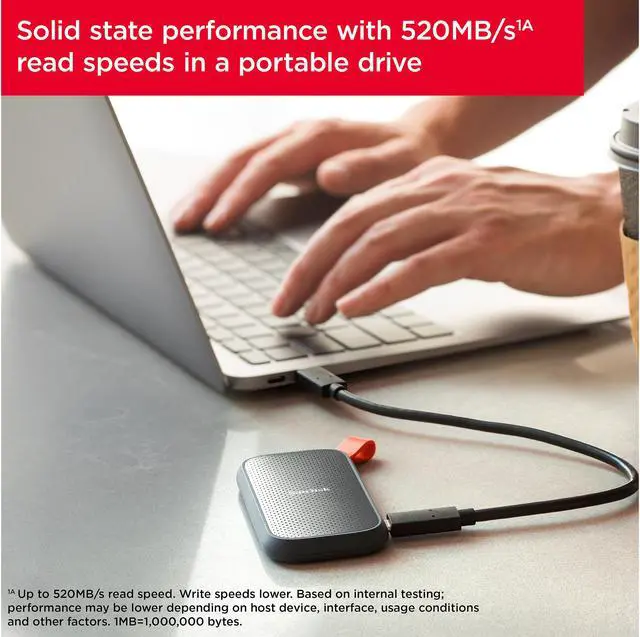 Alt view image 4 of 6 - SanDisk 1TB Portable SSD - Up to 520MB/s, USB-C, USB 3.2 Gen 2 - External Solid State Drive SDSSDE30-1T00-G25