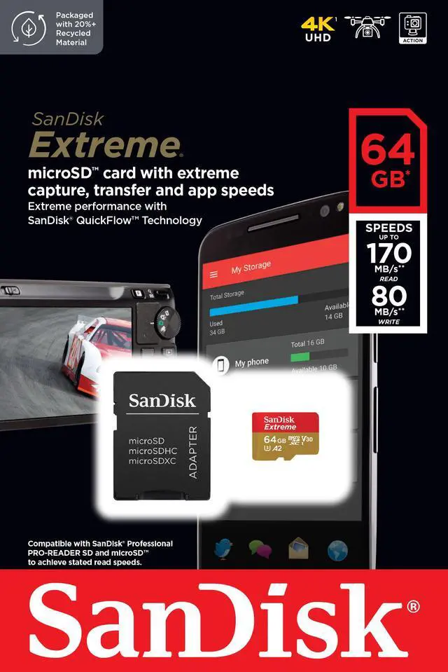 Alt view image 5 of 5 - SanDisk Extreme 64GB microSDXC Flash Memory with Adapter Model SDSQXAH-064G-GN6MA