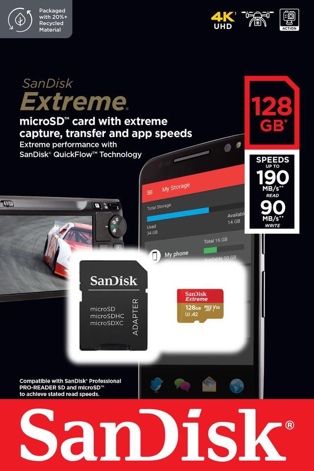 Alt view image 5 of 5 - SanDisk 128GB Extreme microSDXC UHS-I/U3 A2 Micro SD Card with Adapter, Speed Up to 190MB/s (SDSQXAA-128G-GN6MA)