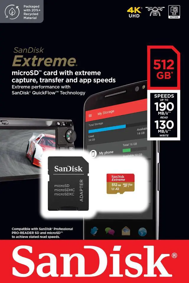 Alt view image 5 of 5 - SanDisk 512GB Extreme microSDXC UHS-I/U3 A2 Micro SD Card with Adapter, Speed Up to 190MB/s (SDSQXAV-512G-GN6MA)