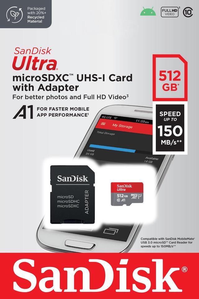 Alt view image 5 of 5 - SanDisk 512GB Ultra microSDXC A1 UHS-I/U1 Class 10 Memory Card with Adapter, Speed Up to 150MB/s (SDSQUAC-512G-GN6MA)