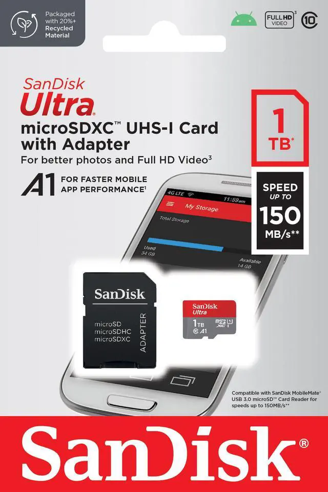 Alt view image 5 of 5 - SanDisk 1TB Ultra microSDXC A1 UHS-I/U1 Class 10 Memory Card with Adapter, Speed Up to 150MB/s (SDSQUAC-1T00-GN6MA)