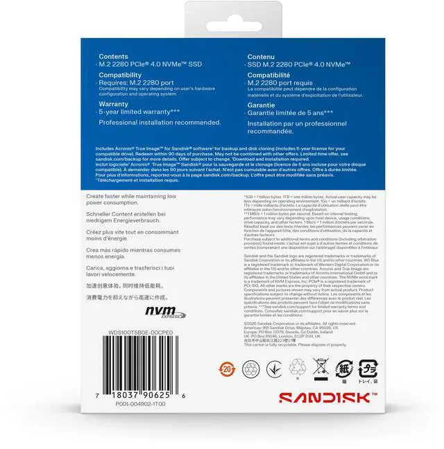 Alt view image 7 of 9 - SanDisk WD Blue SN5100 M.2 2280 1TB PCI-Express 4.0 x4 3D NAND Internal Solid State Drive (SSD) - WDS100T5B0E-00CPE0