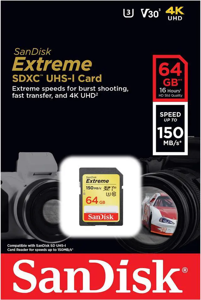 Alt view image 4 of 5 - SanDisk 64GB Extreme SDXC UHS-I/U3 Class 10 V30 Memory Card, Speed Up to 150MB/s (SDSDXV6-064G-GNCIN)