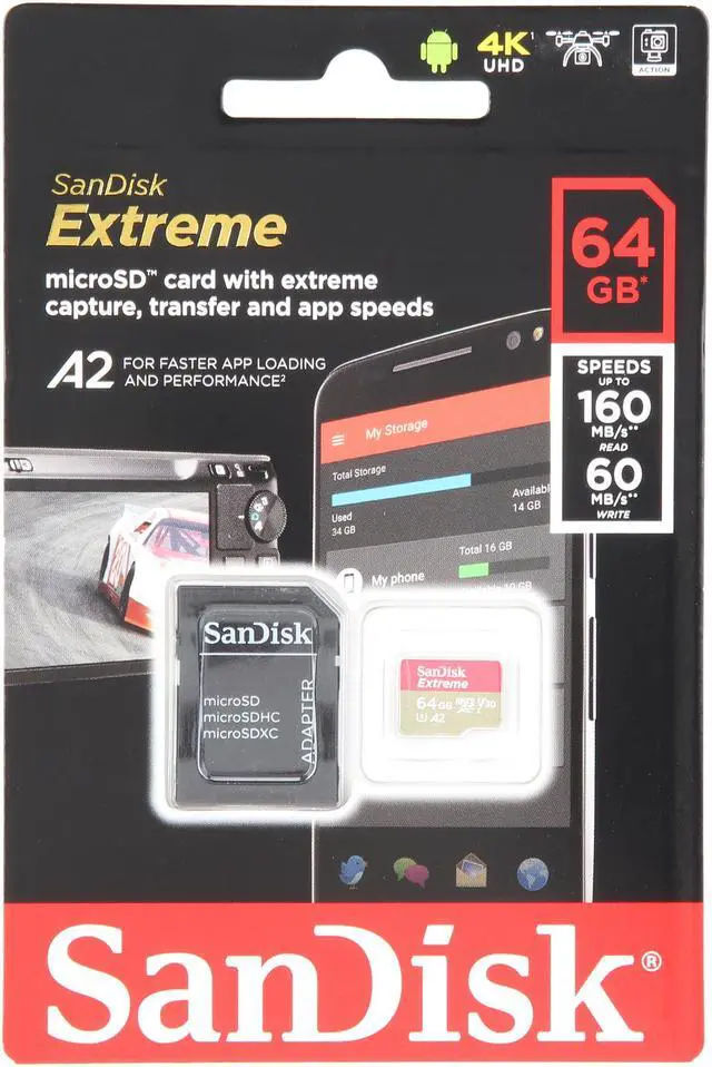 Alt view image 5 of 5 - SanDisk 64GB Extreme microSDXC UHS-I/U3 A2 Memory Card with Adapter, Speed Up to 160MB/s (SDSQXA2-064G-GN6MA)