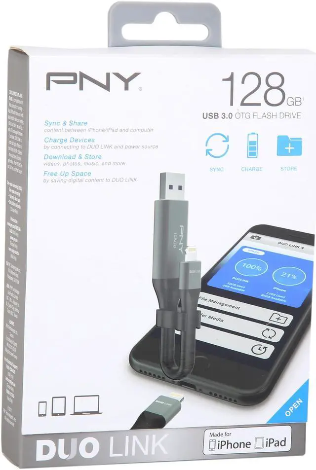 Alt view image 7 of 7 - PNY 128GB DUO LINK USB 3.0 OTG Flash Drive for IPhone and I Pad (P-FDI128LA02GC-RB)