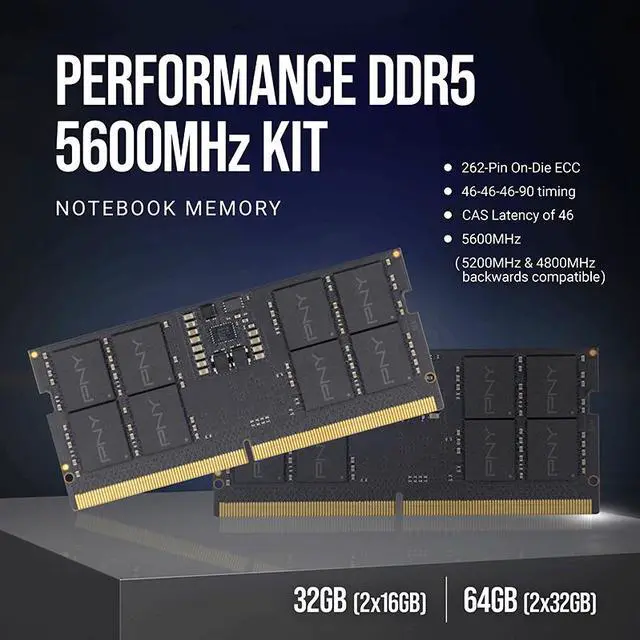 Alt view image 2 of 7 - PNY 64GB (2 x 32GB) 262-Pin DDR5 SO-DIMM DDR5 5600 (PC5 44800) Memory (Notebook Memory) Model MN64GK2D55600-TB