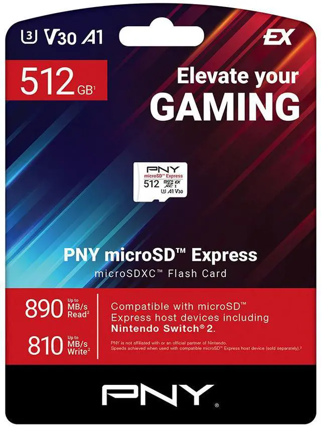 Alt view image 4 of 4 - PNY 512GB MicroSD Express microSDXC Memory Card with Adapter up to 890MB/s P-SDU512P31EXP-GE For NINTENDO SWITCH 2