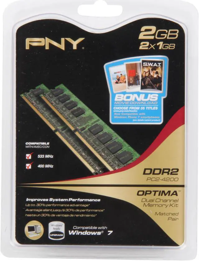 Alt view image 3 of 3 - PNY Optima 2GB (2 x 1GB) DDR2 533 (PC2 4200) Dual Channel Kit Desktop Memory Model MD2048KD2-533